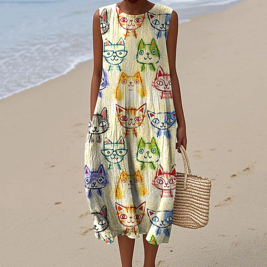 Women's Vintage Cute Cat Art Print Linen Dress elevenforest