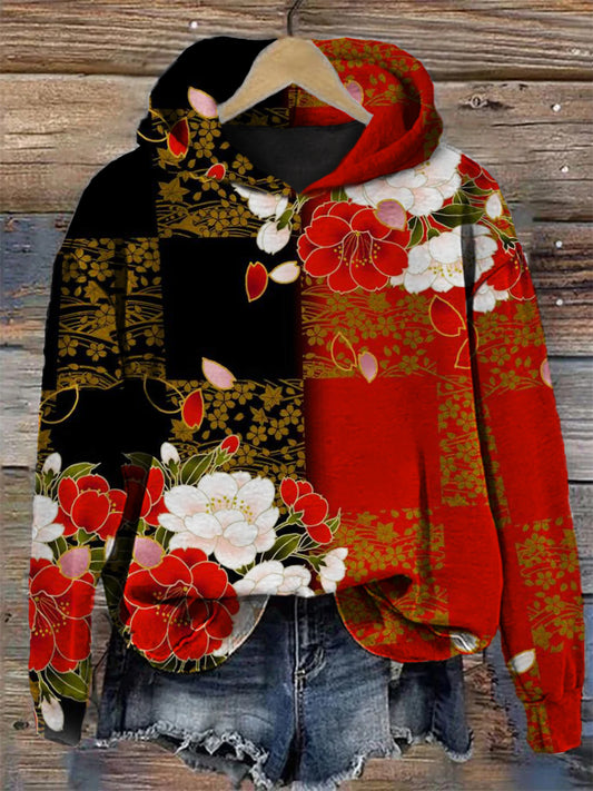 Comstylish Elegant Floral Japanese Art Contrast Color Hoodie