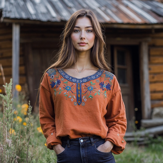 Vintage Bohemian Tribal Art Embroidery Print Cotton And Linen Loose Shirt artswardrobe