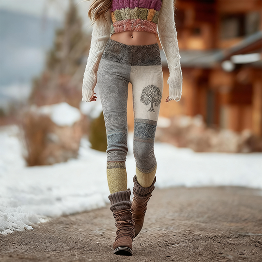 Comstylish Bohemian Color-blocked Retro Print Women's Knitted Tight-fitting Leggings
