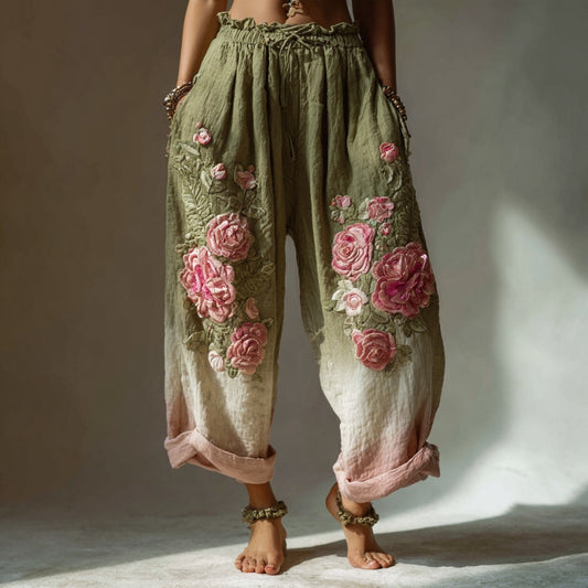 Vintage Pink Roses Embroidered Gradient Linen Pants artswardrobe