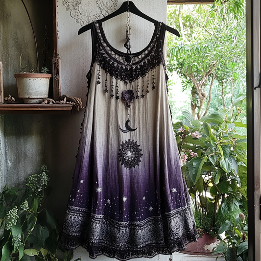 Women's Vintage Tribal Stars And Moon Embroidered Sleeveless Dress artswardrobe