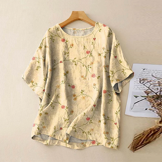 Comstylish Vintage Abstract Geometric Flower Linen Art Print Short Sleeve Round Neck Shirt