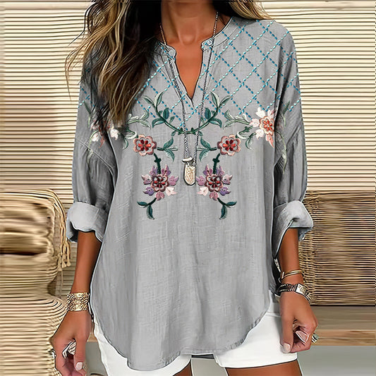Comstylish Women's Floral Embroidered V-neck Linen Blend Loose Blouse