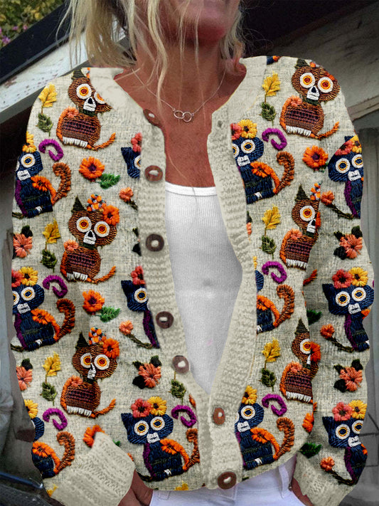 Comstylish Sugar Skull Cats Embroidered Crew Neck Cozy Knit Cardigan