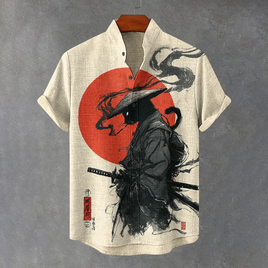 Men's The Smoking Black Cat Samurai Print Short Sleeve Shirt elevenforest