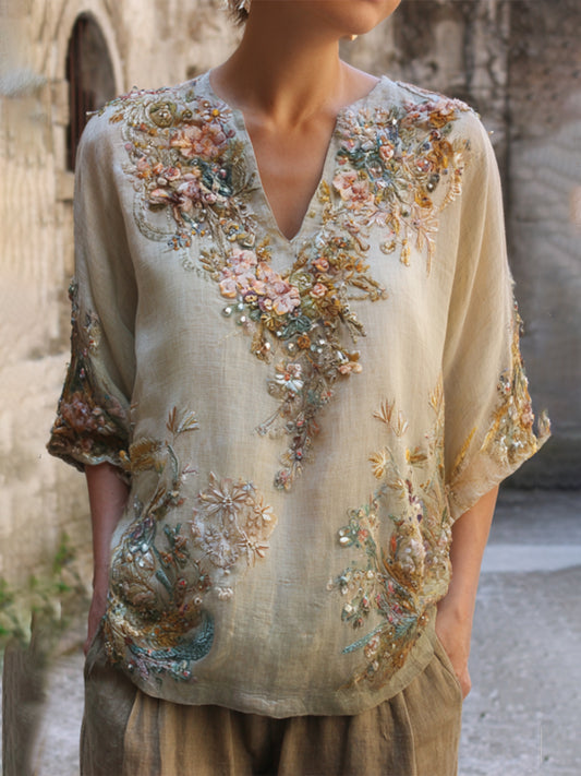 Bohemian Style Three-dimensional Small Floral Sequin Casual Vintage Silent Green Short-sleeved Shirt artswardrobe