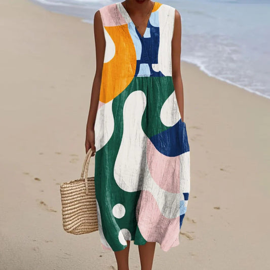 Women's Colorful Abstract Geometric Art Print Sleeveless Dress artswardrobe
