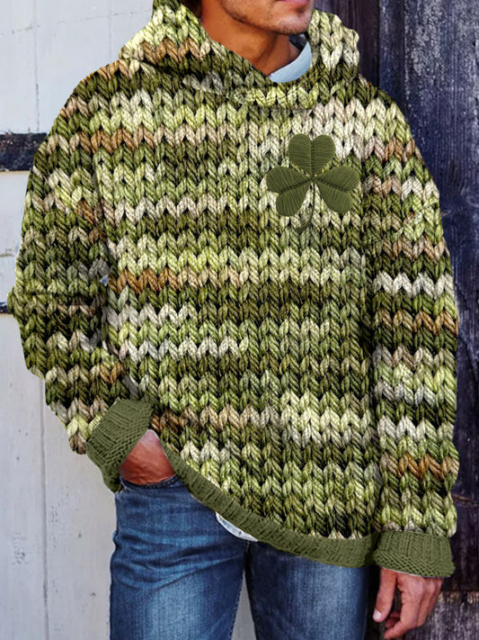 Men's Shamrock Embroidered Retro Chunky Cozy Hooded Sweater artswardrobe