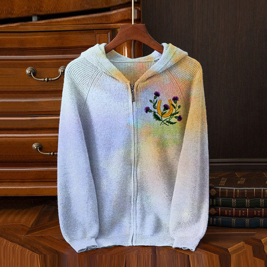 Vintage Scottish Thistle Embroidery Gradient Cozy Zipper Hooded Sweater elevenforest