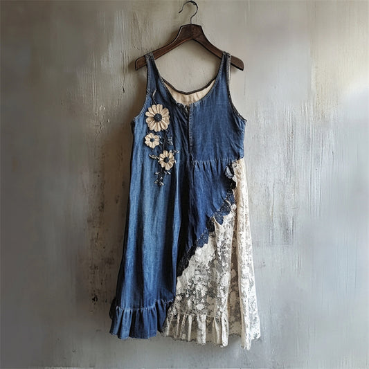 Daisies Textile Denim Lace Patchwork Tank Dress artswardrobe