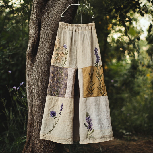 Women's Lavender Floral Linen Comfort Lounge Pants artswardrobe