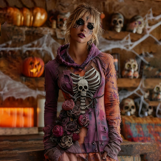 Comstylish Women's Halloween Rose Skull Witch Cosplay Hoodie