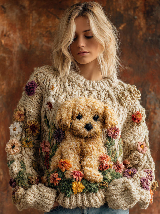 Plush Puppy & Flower Women's Chunky Knit Twist Crew Neck Sweater artswardrobe