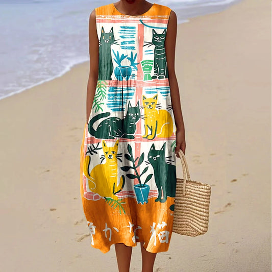 Women's Vintage Cute Black Cat Art Print Linen Dress artswardrobe