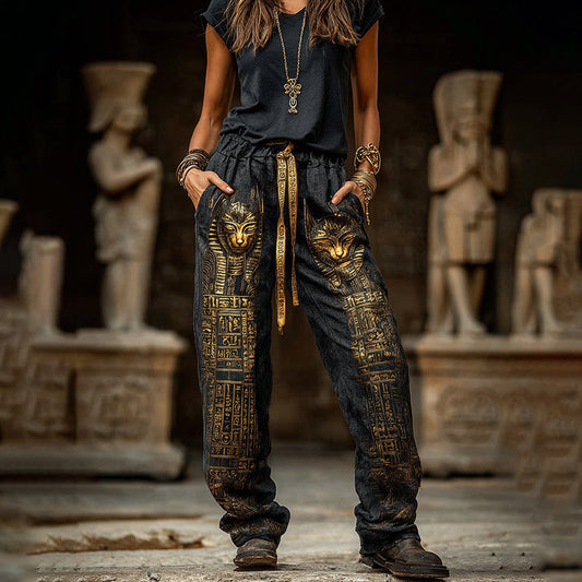 Women's Vintage Ancient Egyptian Cat Art Linen Blend Casual Pants elevenforest