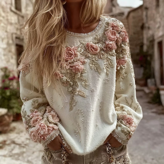 Comstylish Women's Vintage Pink Rose Embroidery Art Round Neck Long Sleeve Sweatshirt
