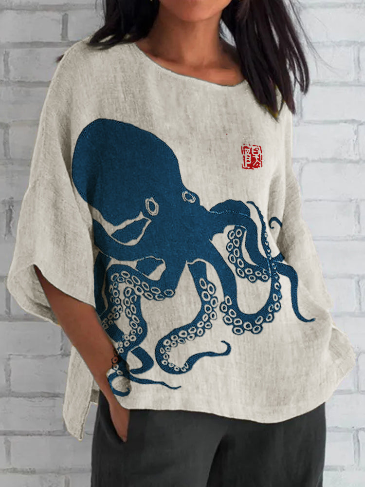 Comstylish Octopus Japanese Lino Art Linen Blend Tunic