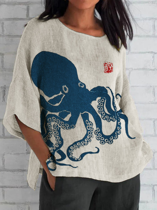 Comstylish Octopus Japanese Lino Art Linen Blend Tunic