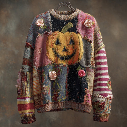 Halloween Pumpkin & Roses Embroidered Patchwork Knitted Sweater elevenforest