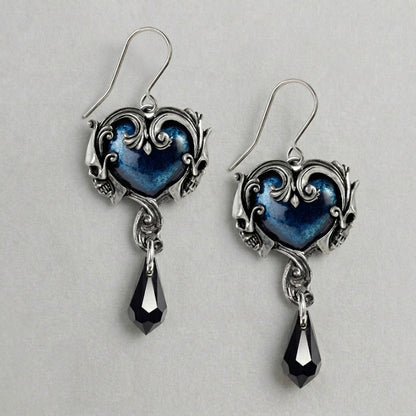 Haunted Blue Heart Skull Drop Earrings