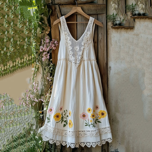 Floral Embroidered Sleeveless Linen Blend Midi Dress artswardrobe