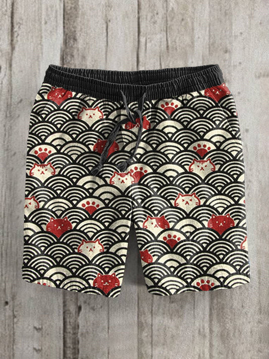 Japanese Waves And Cats Pattern Linen Blend Casual Shorts elevenforest