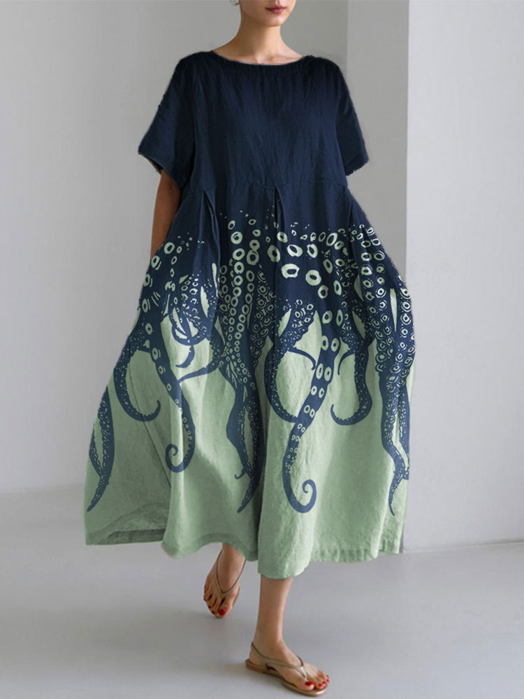 Comstylish Ocean Octopus Japanese Art Linen Blend Casual Dress