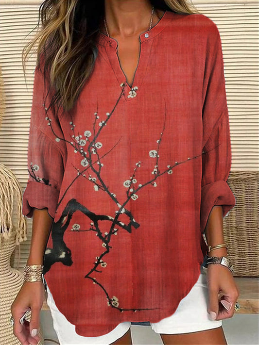 Comstylish Simple Plum Blossom Japanese Art Linen Blend Tunic