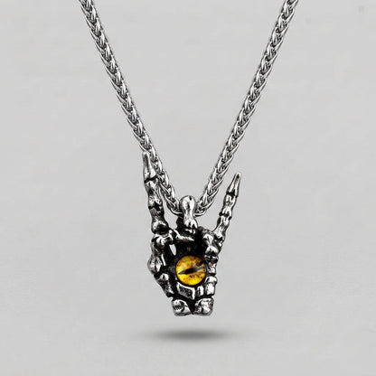 Skeleton Hand Rock Sign Necklace with Dragon Eye Pendant