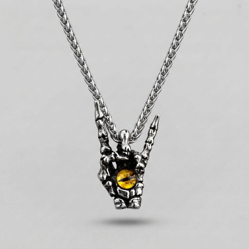 Skeleton Hand Rock Sign Necklace with Dragon Eye Pendant