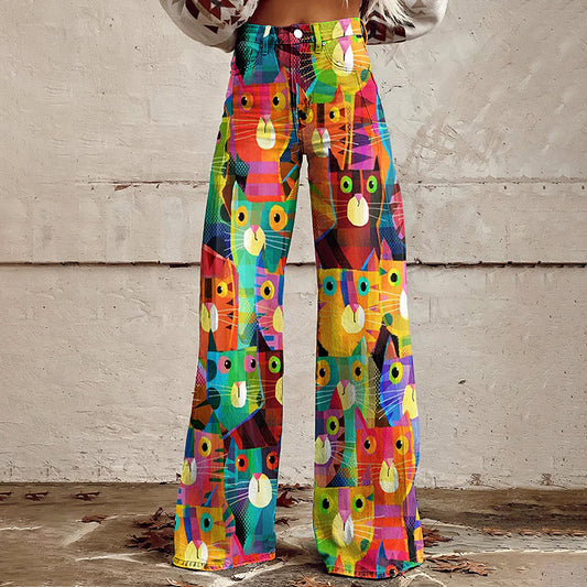 Comstylish Retro Fun Cat Geometry Art Casual Wide Leg Jeans