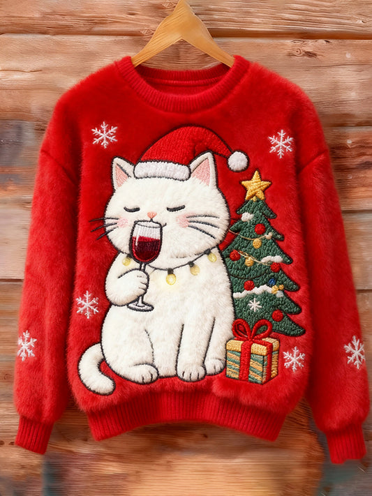 Christmas Wine Tasting Cat Embroidered Sweater elevenforest