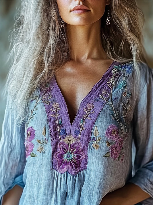 Boho Purple Floral Embroidered Contrast Linen Tunic artswardrobe