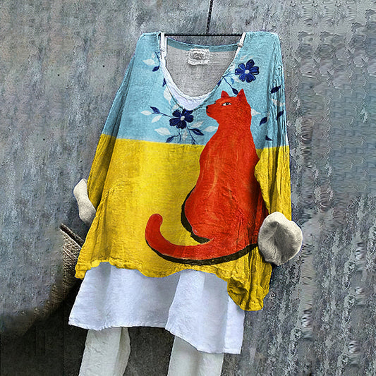 Retro Colorful Pop Cat Pattern Women's Shirt elevenforest