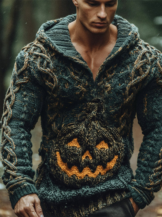 Viking Halloween Pumpkin Face Men's Chunky Knit Hooded Sweater artswardrobe
