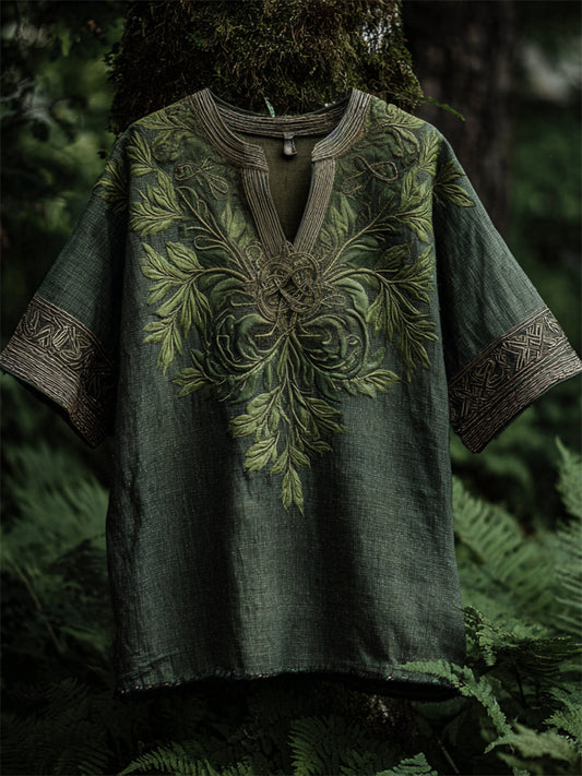 Vintage Celtic Knot Fern Embroidered Linen Shirt artswardrobe