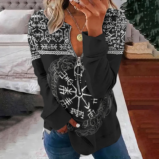 Comstylish Vintage Viking Text Tree Of Life Compass Zipper Sweatshirt
