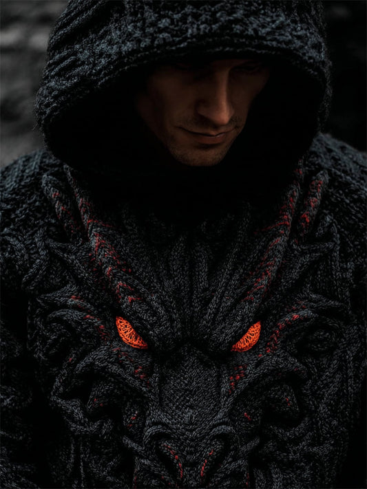 Men���s Vintage Evil Dragon Celtic Cozy Chunky Hooded Sweater artswardrobe