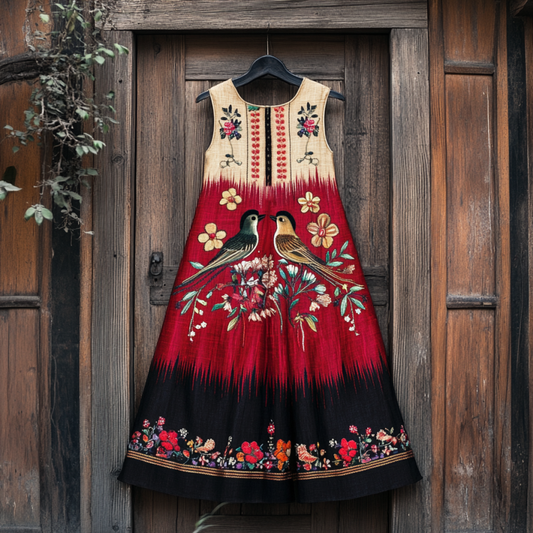 Comstylish Japanese Lovely Birds And Floral Embroidery Pattern Sleeveless Midi Dress