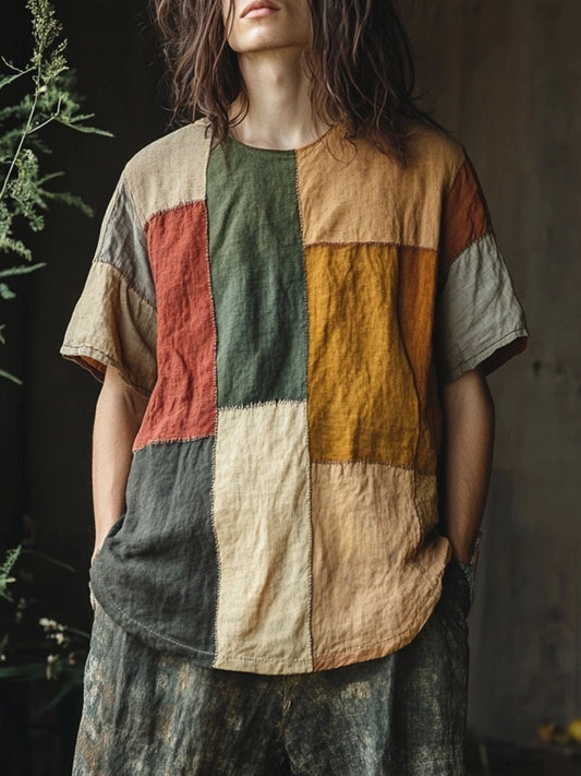 Men's Vintage Contrast Patchwork Cozy T Shirt artswardrobe