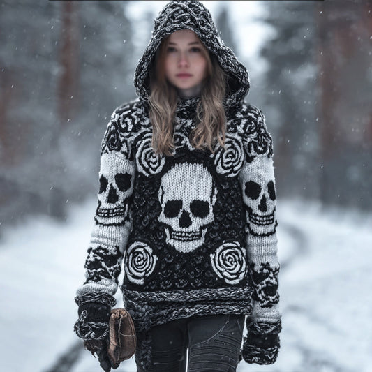 Women's Vintage Three-dimensional Skull Rose Black And White Warm Hooded Sweater elevenforest