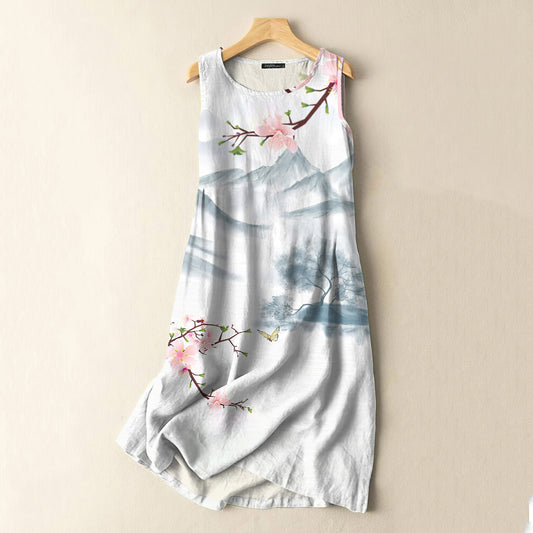 Comstylish Vintage Japanese Ink Flower Art Print Sleeveless Cotton And Linen Midi Dress