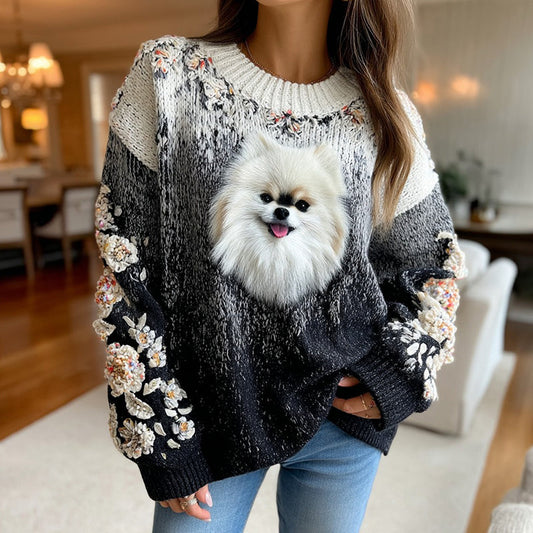 Fluffy Puppy Pomeranian Floral Gradient Cozy Knit Sweater artswardrobe