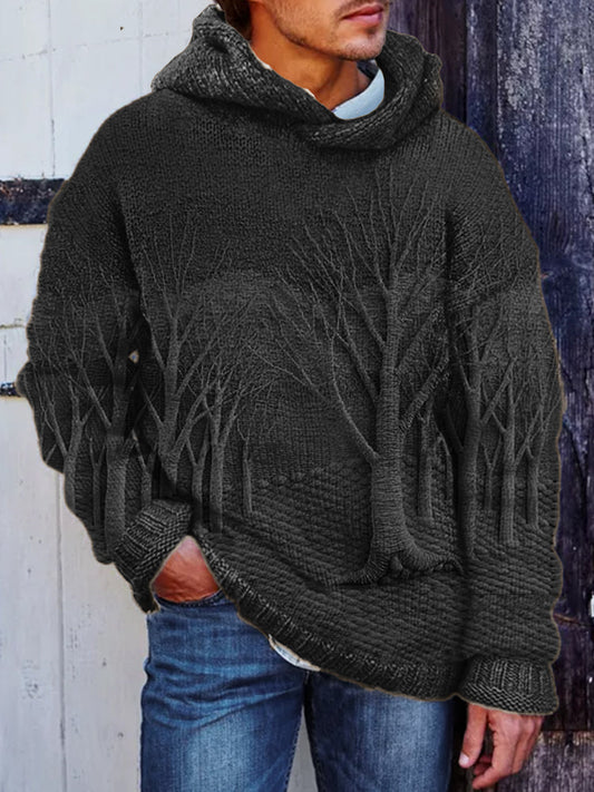 Men's Winter Forest Landscape Crochet Cozy Hooded Sweater elevenforest