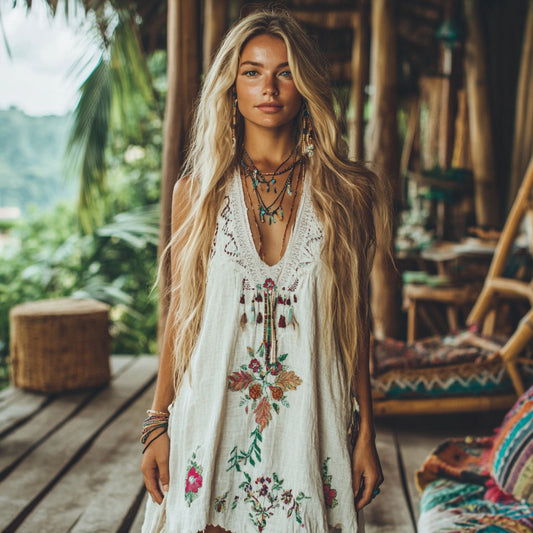 Boho Floral Embroidery Tassel Art Sleeveless Cozy Linen Madi Dress artswardrobe