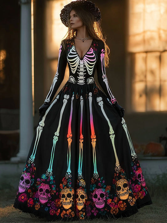 Comstylish Day Of The Dead Neon Glowing Skeleton V Neck Maxi Dress