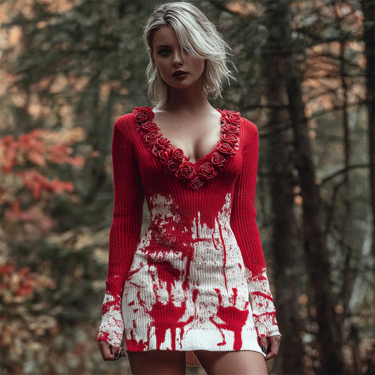 Comstylish Halloween Blood Handprint & Rose Art Women's Knit V-neck Mini Dress