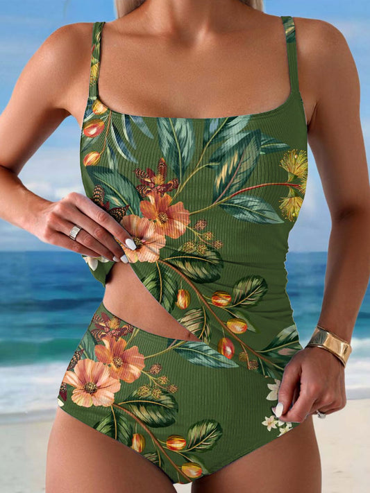 Women's Vintage Floral Print Summer Beach Halter Top And Triangle Briefs Tankini Set
