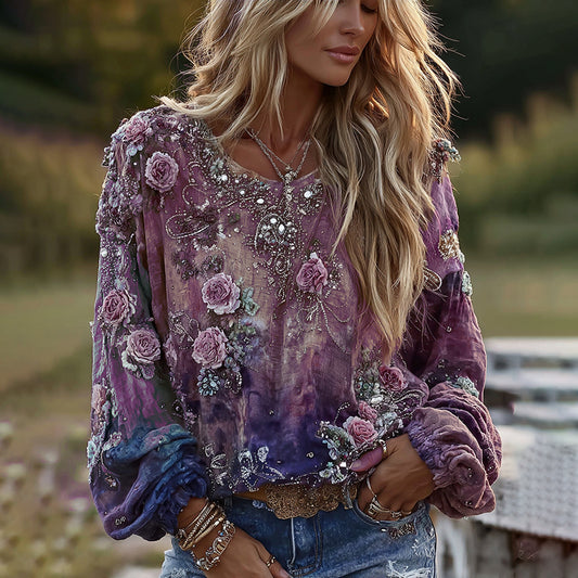Retro Boho Rose Embroidered Sequined Long-sleeved T-shirt artswardrobe